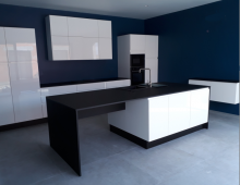 Installation d'une cuisine en laque blanche avec un îlot en Fénix noir mat